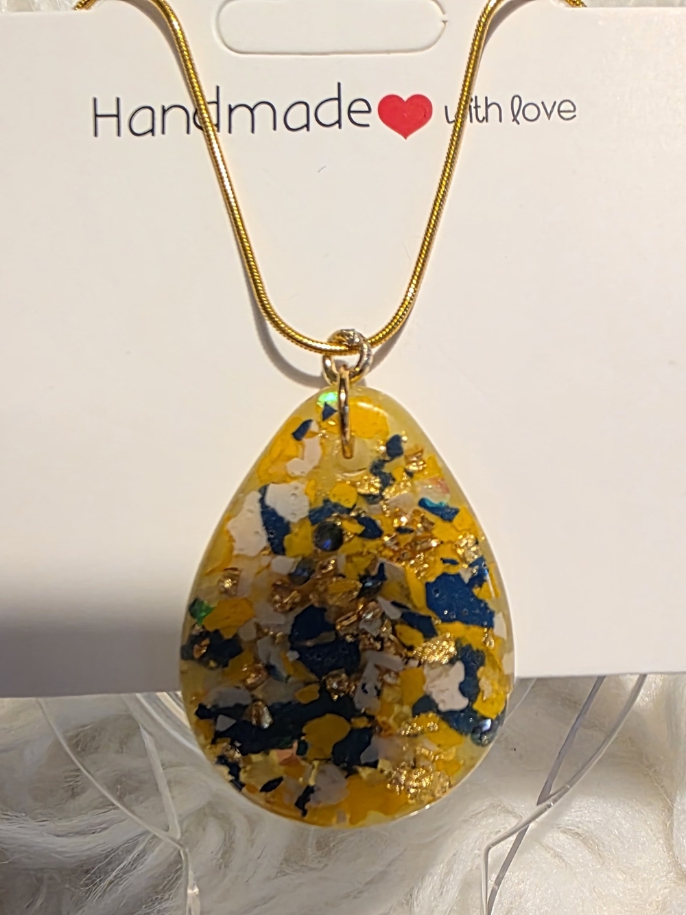 Handmade Yellow Teardrop Resin Pendant Necklace with Gold Accents